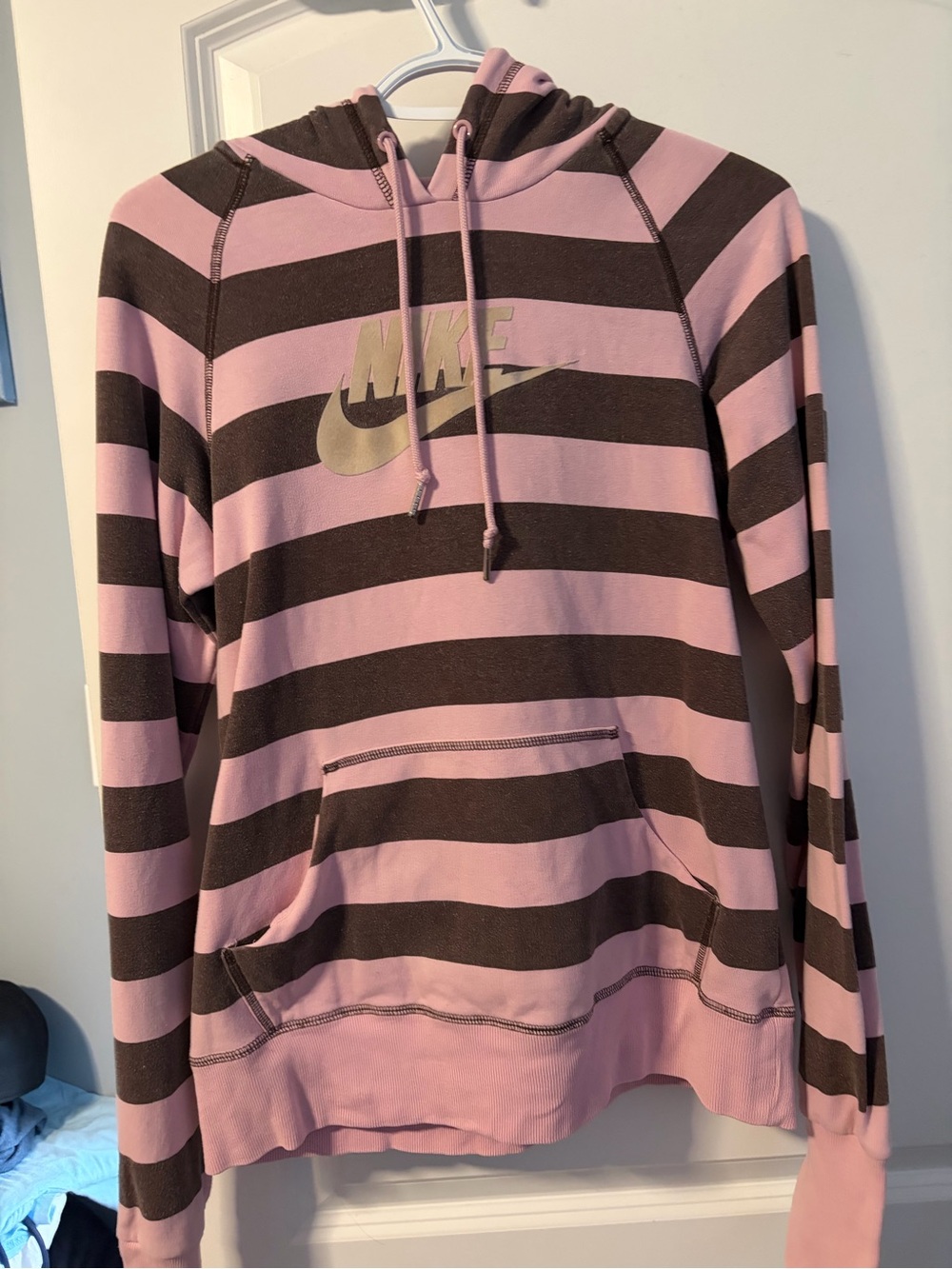 Nike Pink and Brown Striped Pullover Hoodie